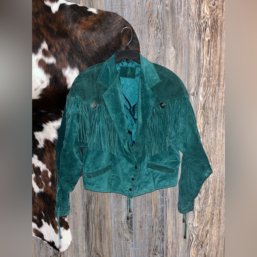 Hunt Club Teal Green Suede Fringe Leather Jacket